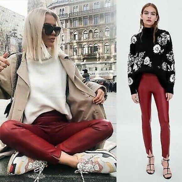 ZARA WINE RED FAUX LEATHER PANT TROUSERS $69.90 - Picture 5 of 11